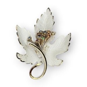 Vintage Maple Leaf Brooch Colorful Rhinestone Cluster White Enamel Gold Plated